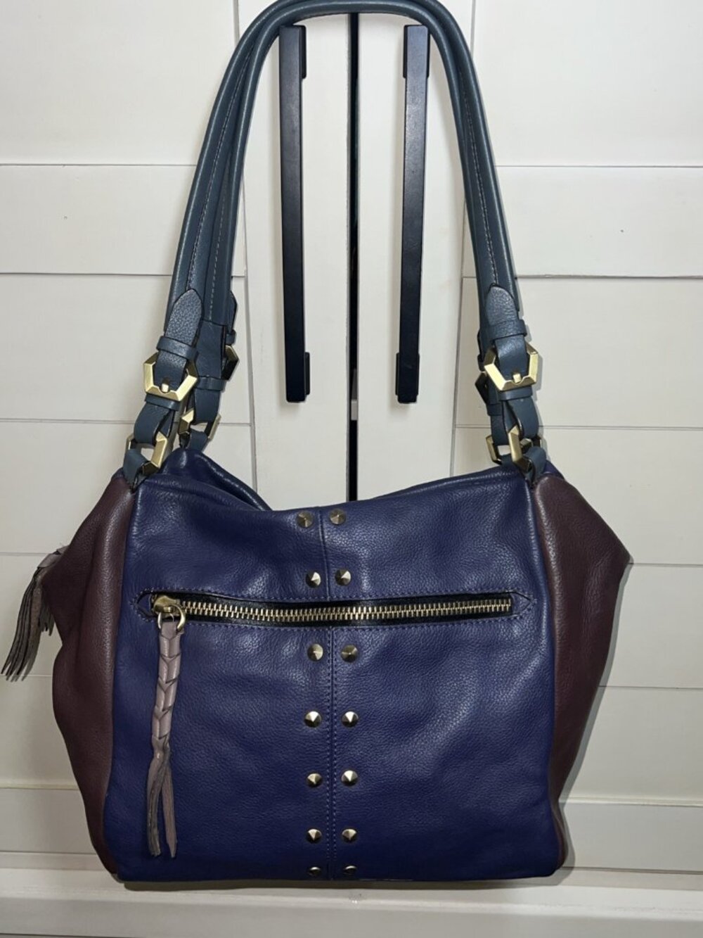 orYANY Neutral Colorblock Pebble Leather Double Zipper Studded Tote Shoulder Bag